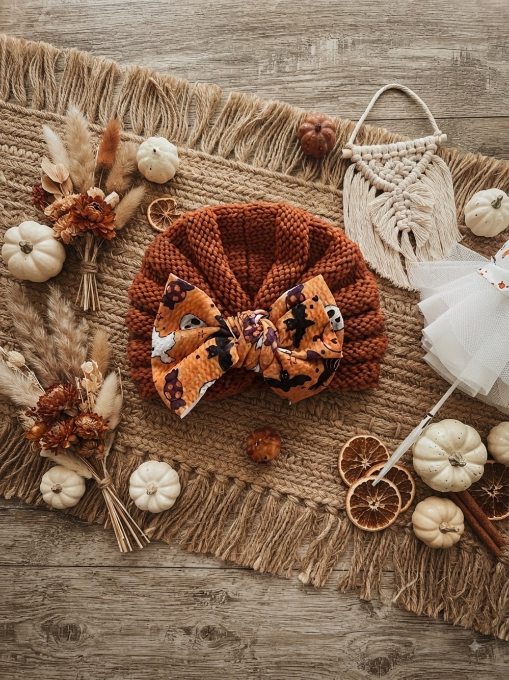 Handmade Halloween Baby Toddler Knit Turban Beanie Bow Hat - Picture 4 of 12